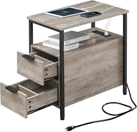 Side Table with Charging Station, Narrow End Table with 2 Drawers, Slim Nightstand and Bedside Table