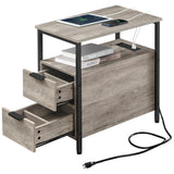 Side Table with Charging Station, Narrow End Table with 2 Drawers, Slim Nightstand and Bedside Table