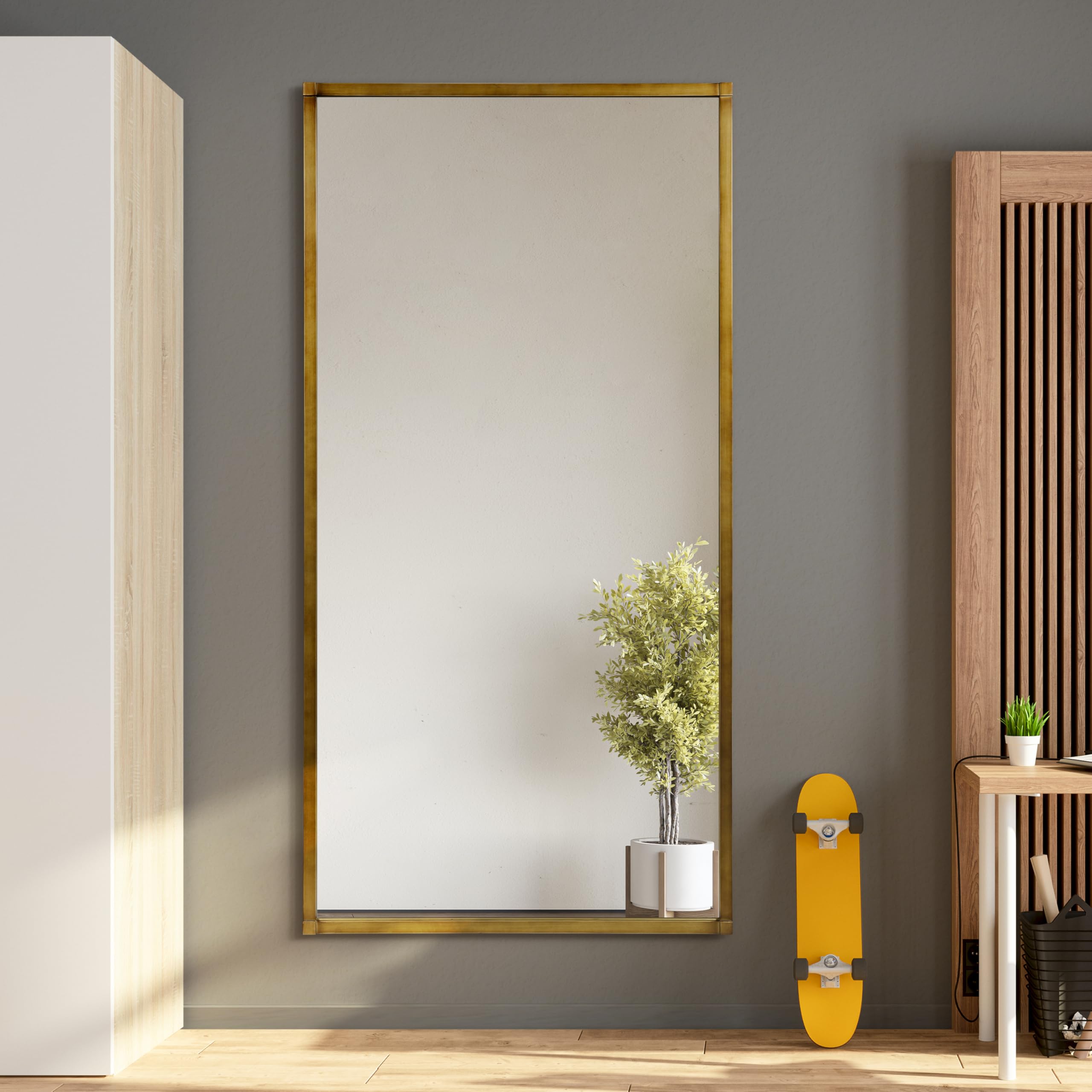 Brushed Gold Metal Framed Rectangular Wall Mirror, Ready to Hang, Living Room