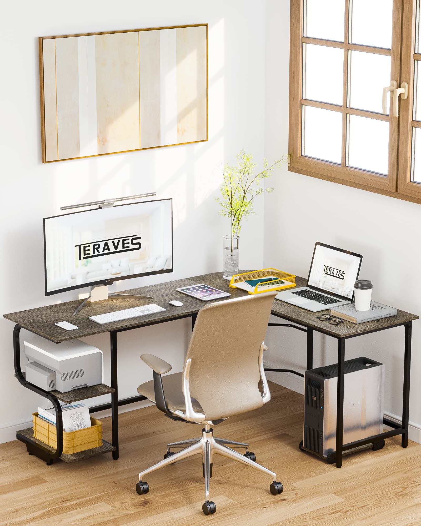Reversible L Shaped Desk with Large Surface, 69 Inch Sturdy Corner Desk