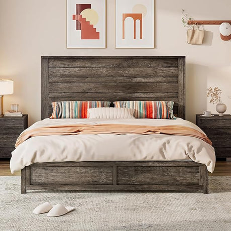 Farmhouse Full Bed Frame with 49" Tall Headboard, Wooden Platform Bed with Hidden