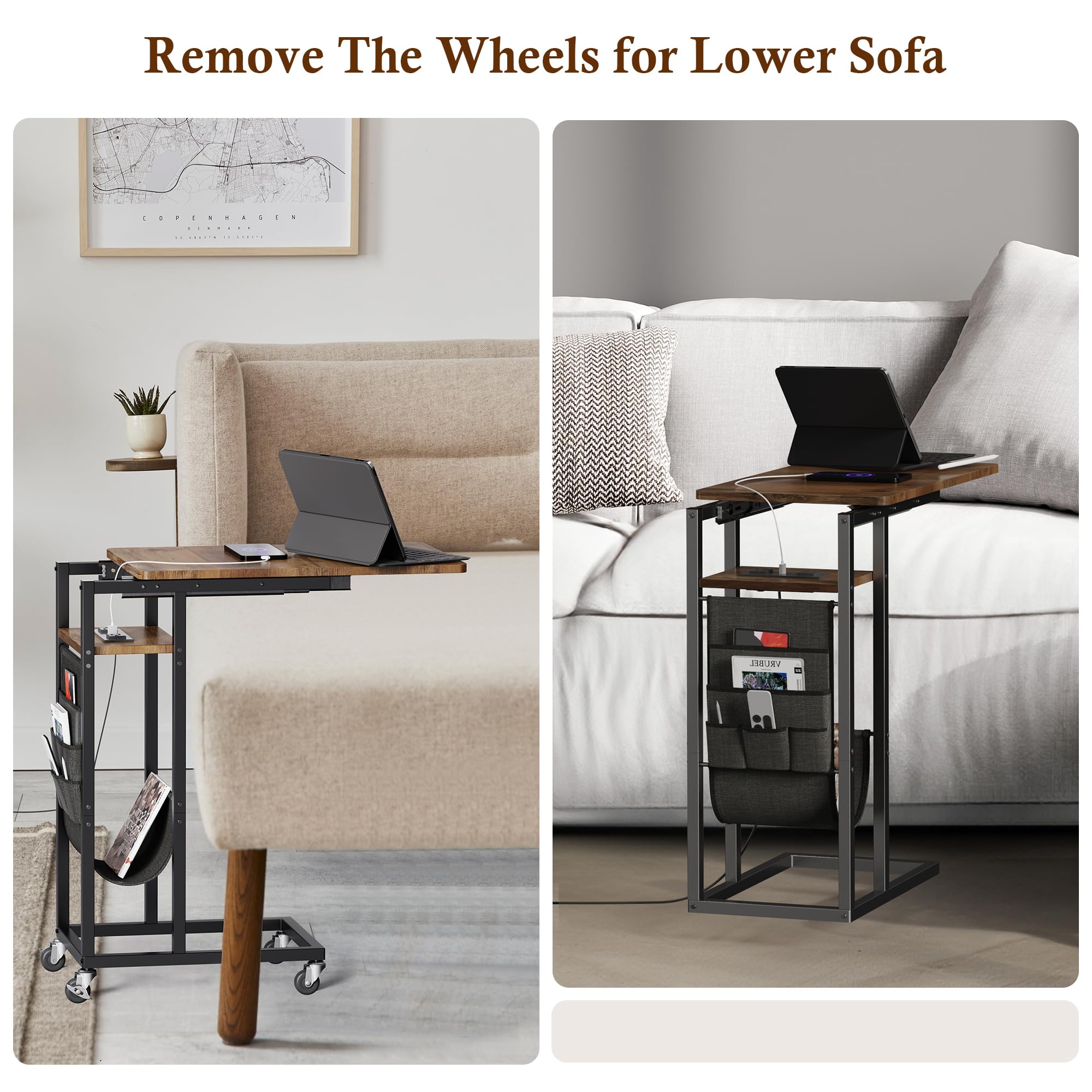 Shaped Slide Cover End Table with Charging Station, Narrow Sofa Side Table