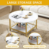 Round Coffee Table, Coffee Tables for Living Room, Small Coffee Table, 2 Tier Marble Circle Table with Open Storage Shelf,