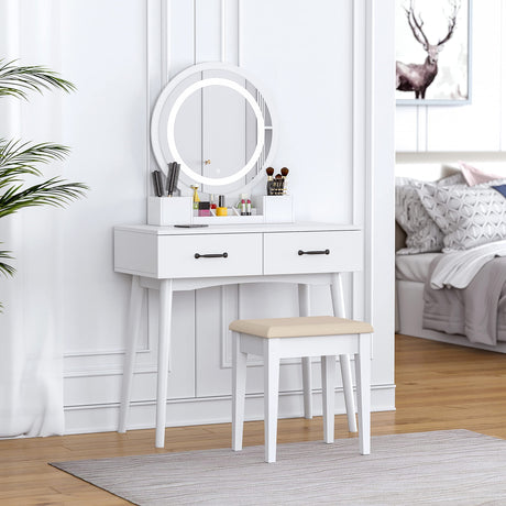 Makeup Vanity Desk with Round Mirror and Lights,White Vanity Makeup Table