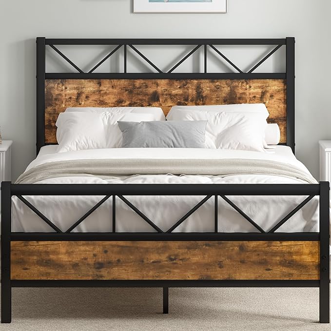 Industrial 51.2" Tall Headboard, King Platform Bed Frame with Heavy Duty Metal