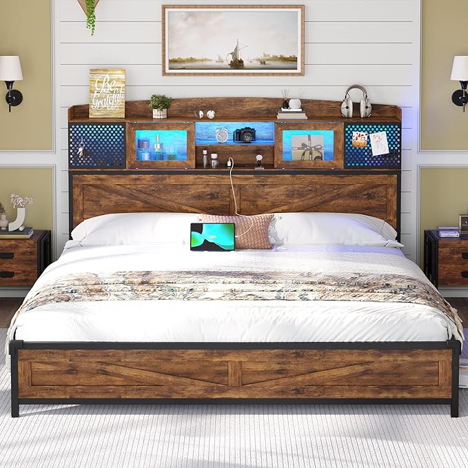 Farmhouse Full Size Metal Bed Frame with Storage Shelf Headboard