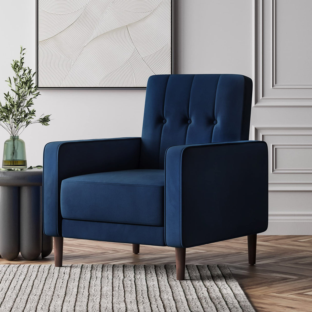 Chairs for Living Room, Mid Century Modern Armchair Velvet Upholstered Comfy Side Chair Button Tufted Back Lounge Reading Chair for Bedroom - Valencia (Navy Blue)