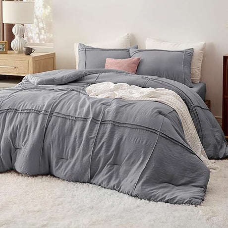 King Comforter Set with Sheet - 4 Pieces Soft Beige Bedding Sets, Grid Pinch Pleat