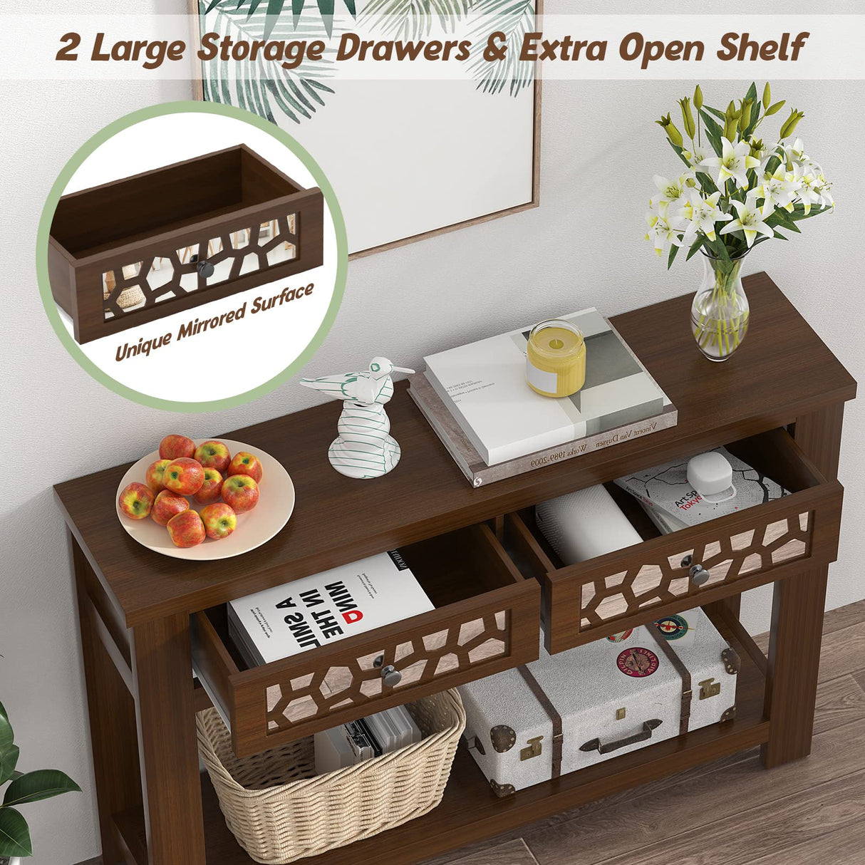 2-tier Console Table with Drawers, Wood Entryway Table with 2 Drawers & Open Storage Shelf for Living Room Entryway,