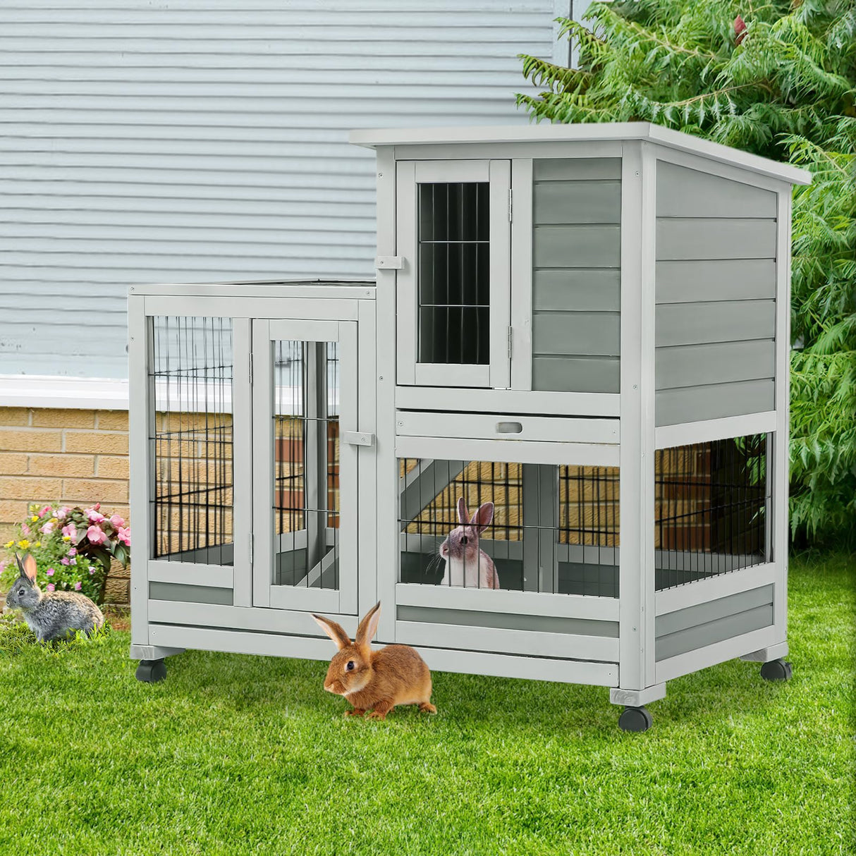 Rabbit Hutch with 2 Deeper No Leak Trays & 4 Casters, 37 Inch Rabbit Cage Pet House