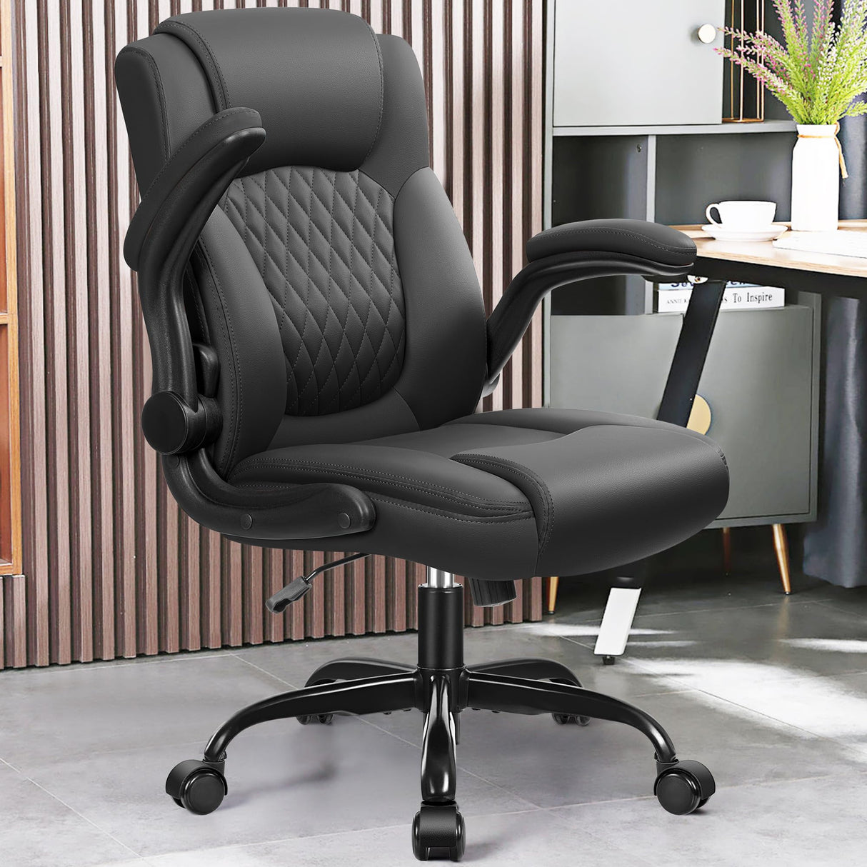 Leather Office Chair, PU Home Computer Desk Chairs with Ergonomic Back Support