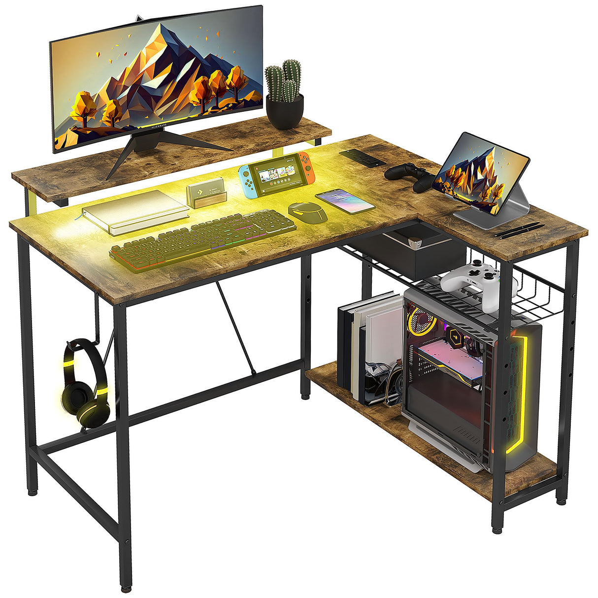 42" L Shaped Gaming Desk with LED Lights, Power Outlet