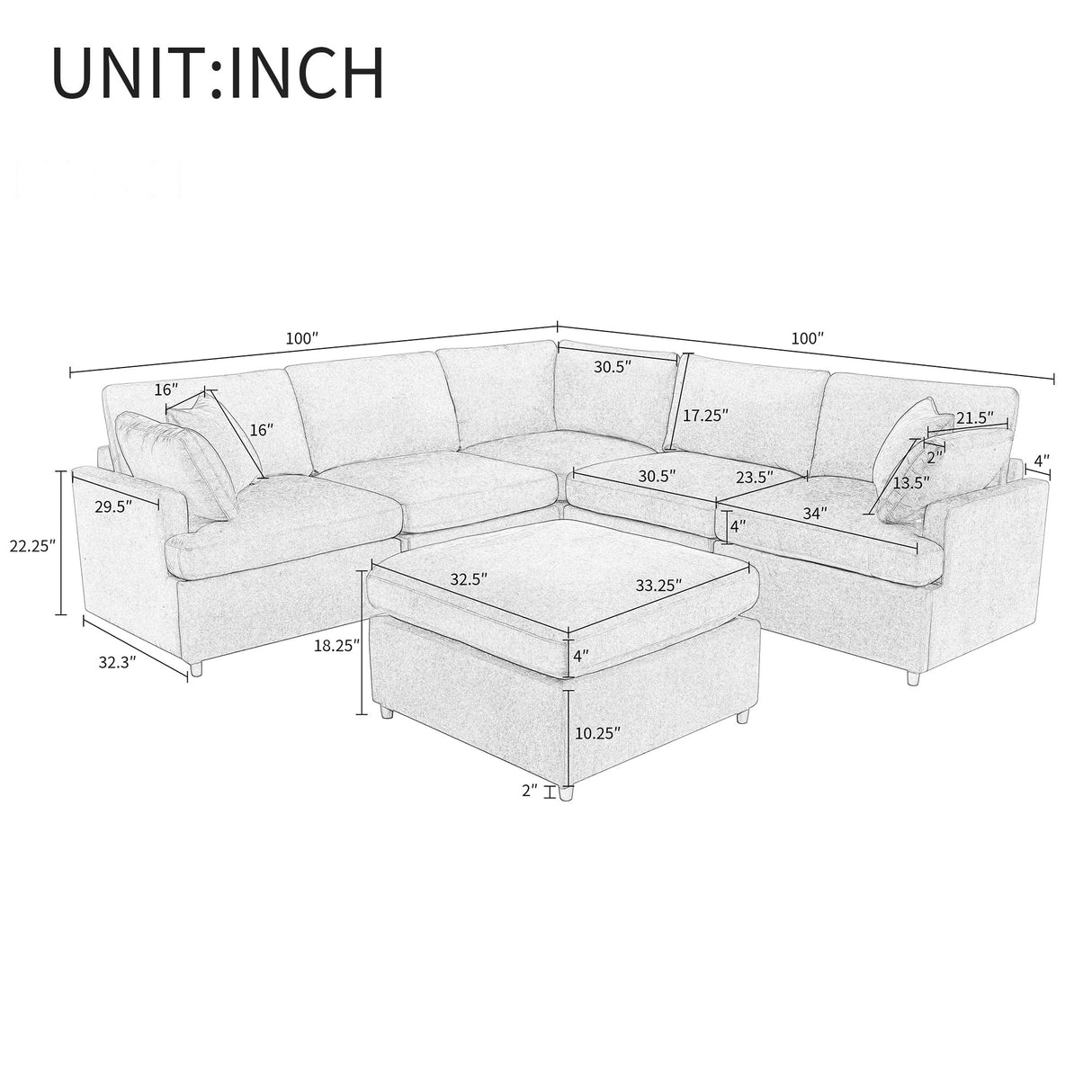 Large U-Shape Sectional Sofa Set, Modern Polyester Fabric 6 Seater Couch with Removable