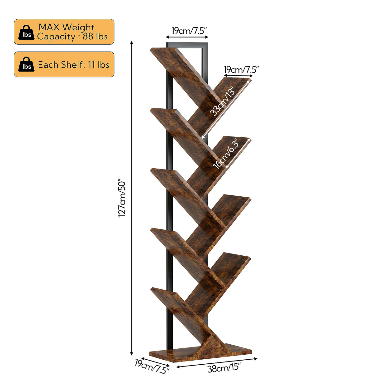 Tree Bookshelf, Geometric Bookcase with Steel Pipe for Living Room Bedroom, Floor Standing Shelves for Home Office (Rustic Brown, 9 Tier)