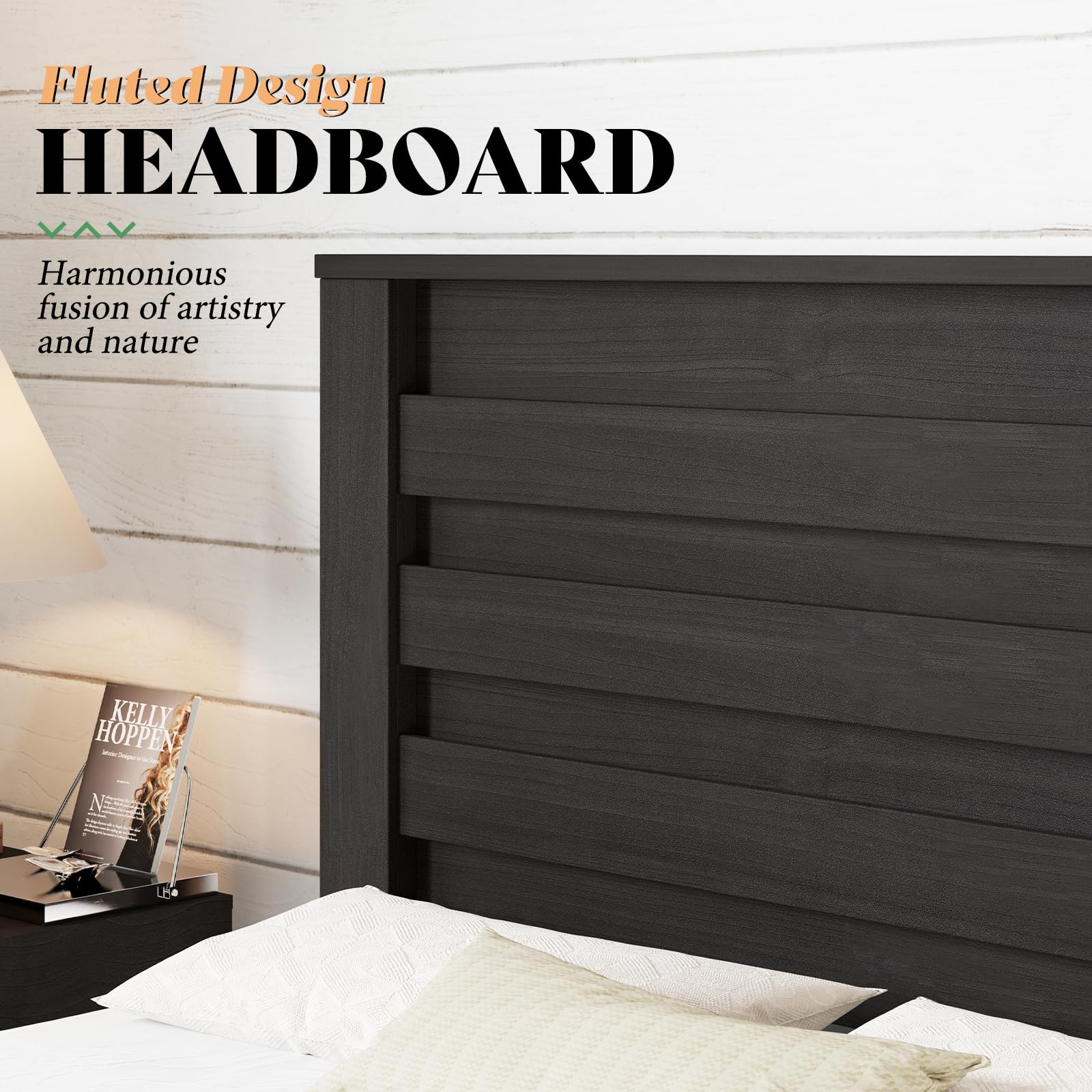 AMERLIFE Farmhouse Full Size Bed Frame with 49" Fluted Headboard, Platform Bed with Natural Wood Grain, No Box Spring Needed/Noise Free, Black