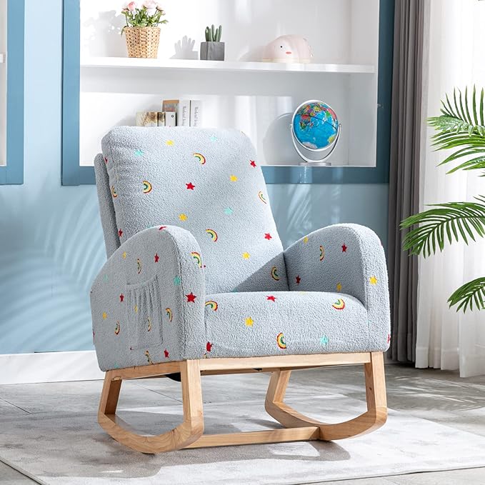 Rocking Chair for Nursery, Midcentury Modern Velvet Accent Rocker Armchair with Side Pocket, Upholstered High Back Wooden Rocking Chair for Living Room Baby Room Bedroom (Beige)