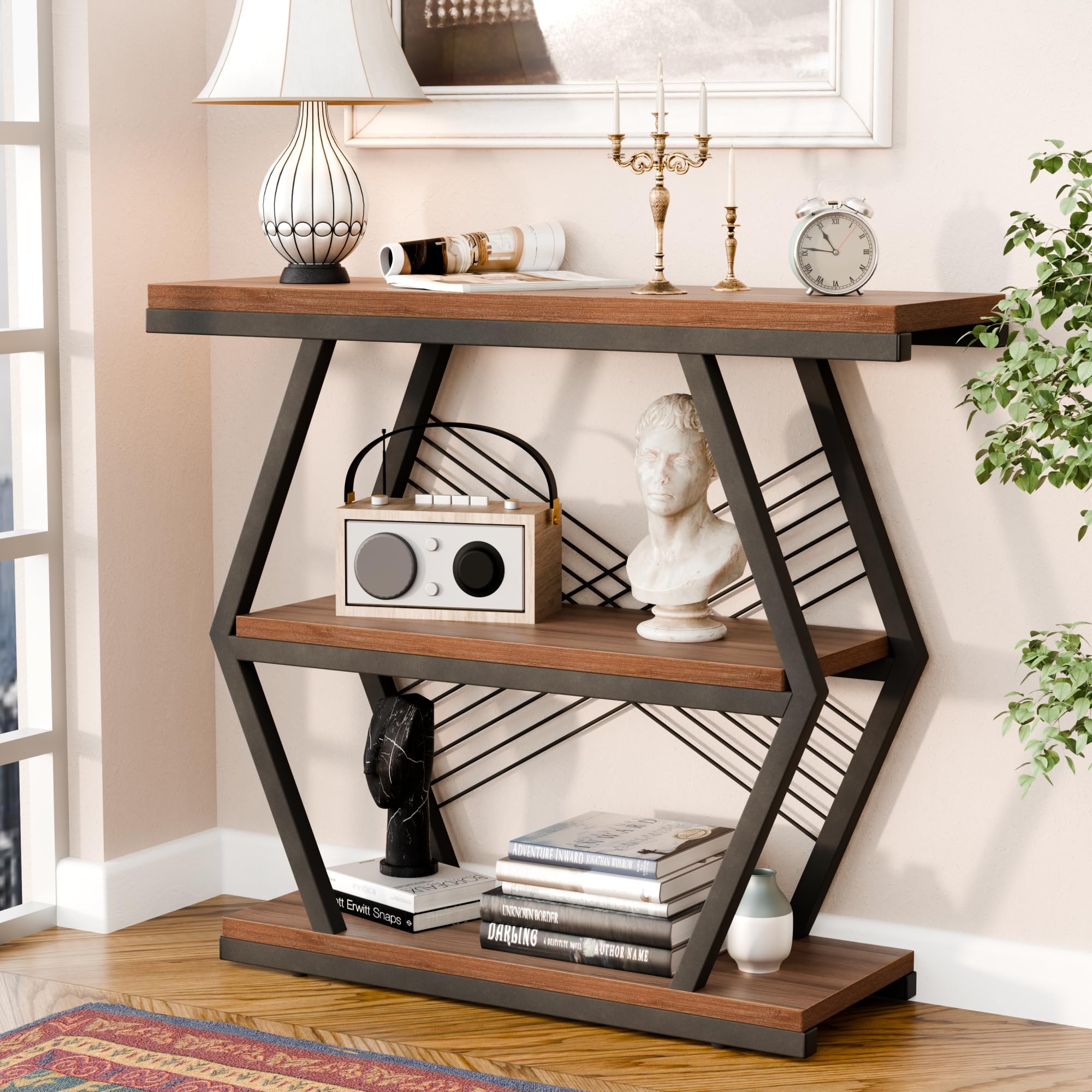 39.4" Industrial Console Table - 3-Tier Rustic Brown Entryway Table