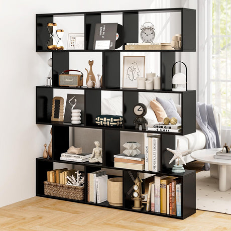 5-Tier Geometric Bookshelf Black, 62.5" Tall Wood S-Shaped Bookcase with Anti-Tipping Device, Floor Standing Display Shelf for Bedroom, Living Room, Study