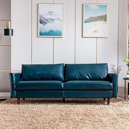 80'' Faux Leather Sofa Couch, Mid-Century Modern Sofa with Solid Wooden Frame
