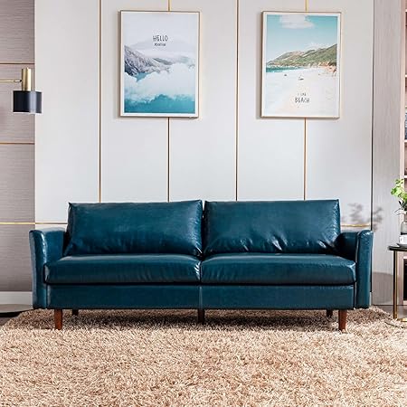 80'' Faux Leather Sofa Couch, Mid-Century Modern Sofa with Solid Wooden Frame