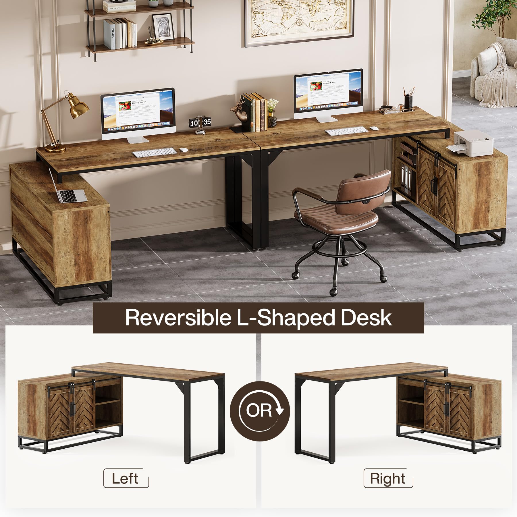 L-Shaped Computer Desk with Cabinet, 53-Inch Farmhouse Corner Desk with Sliding