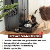 Dog Feeding Station with Storage Cabinet and 2 Elevated Bowls - Black