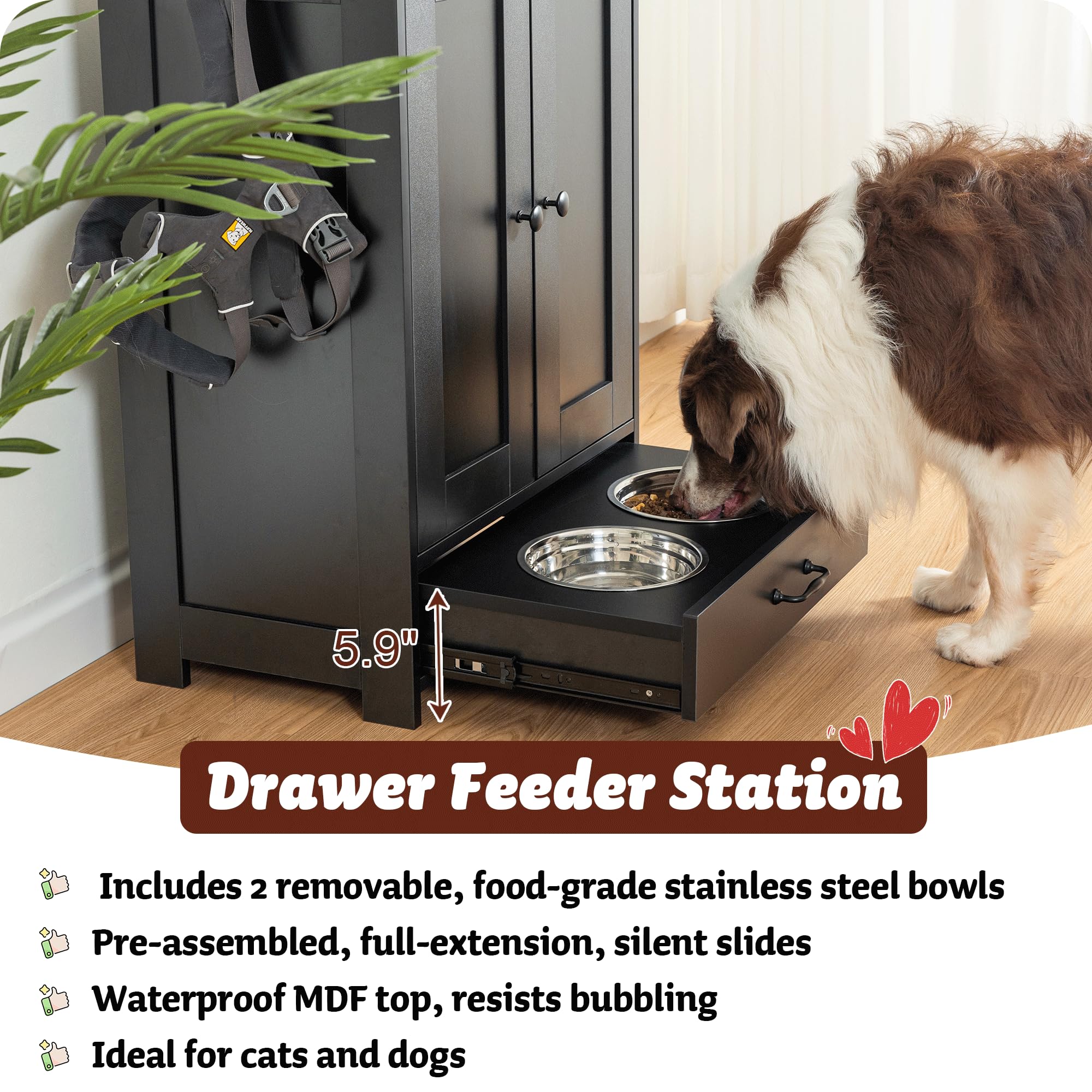 Dog Feeding Station with Storage Cabinet and 2 Elevated Bowls - Black