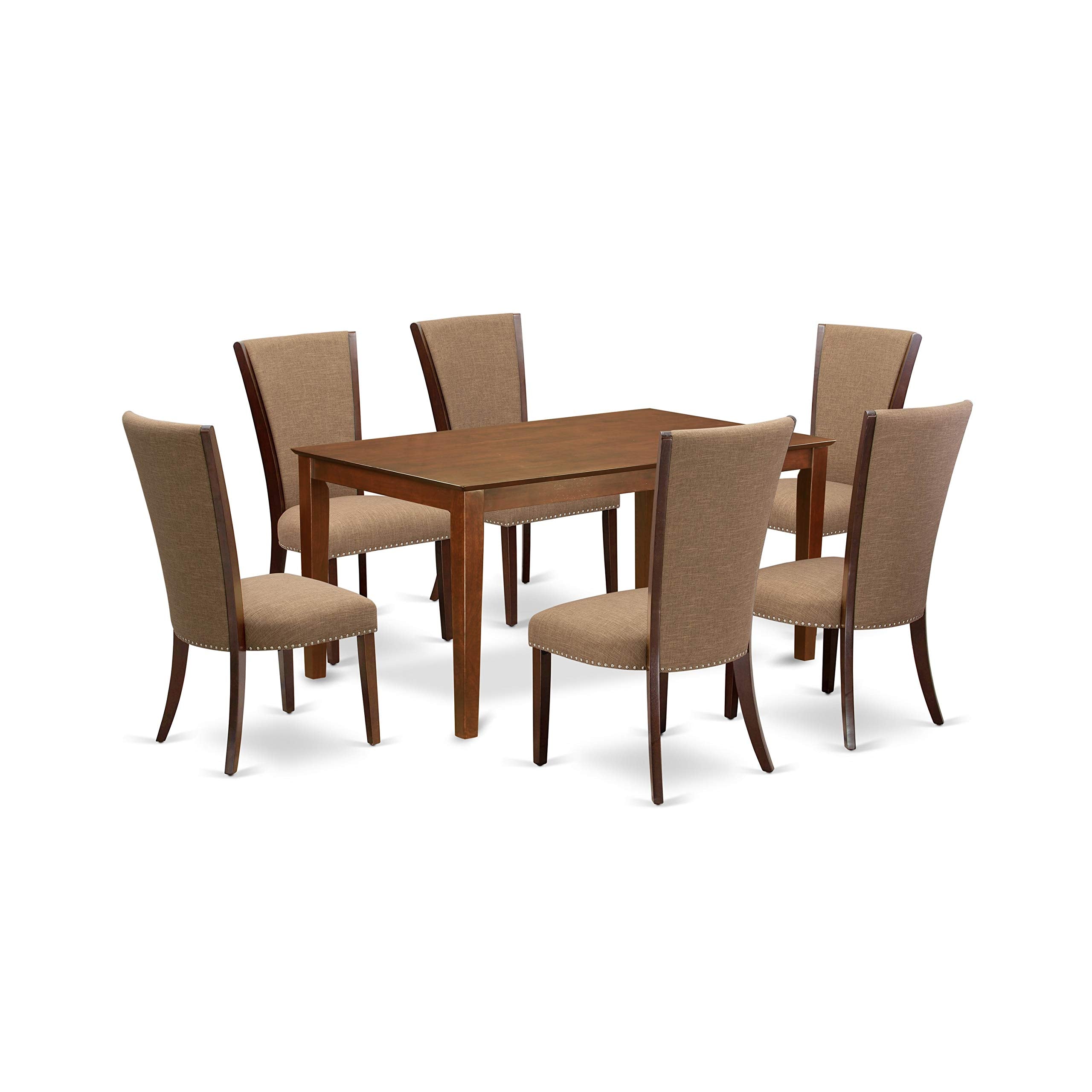 East West Furniture Capri 7 Piece Set Consist of a Rectangle Dining Room Table and 6 Light Sable Linen Fabric Upholstered Chairs, 36x60 Inch, CAVE7-MAH-47