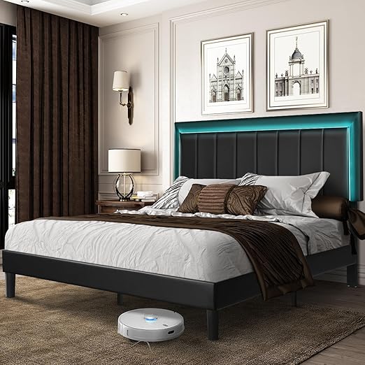 Queen Size Bed Frame with LED Lights, Upholstered Bed Frame Queen with Faux Leather