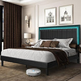 Queen Size Bed Frame with LED Lights, Upholstered Bed Frame Queen with Faux Leather