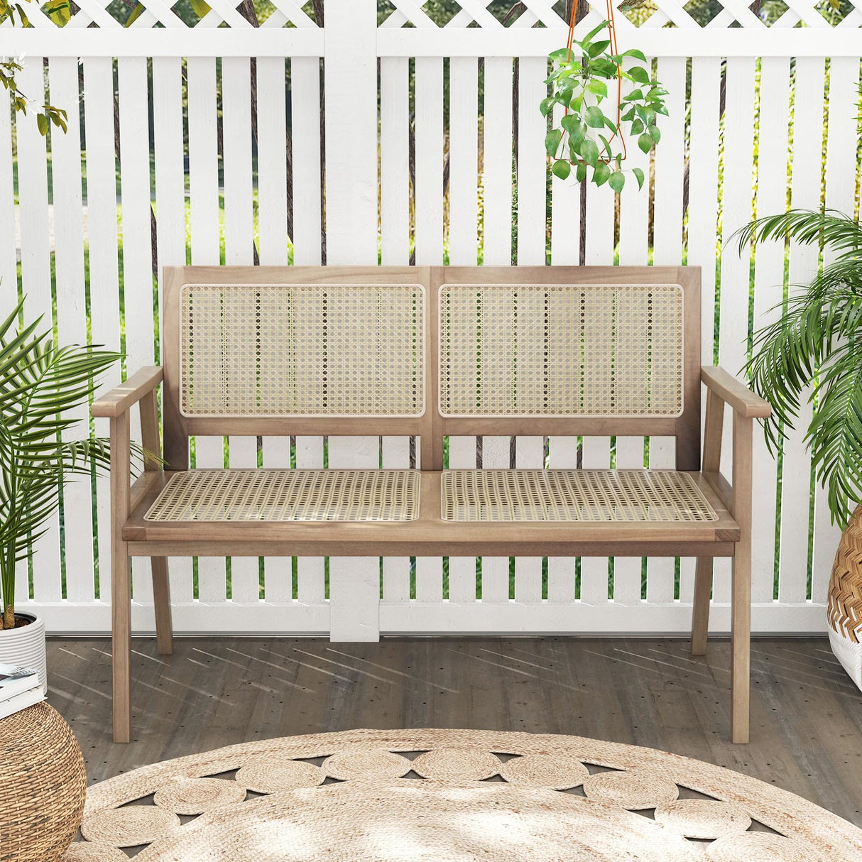 Outdoor Teak Wood Garden Bench, 2-Person Patio Bench with Armrests