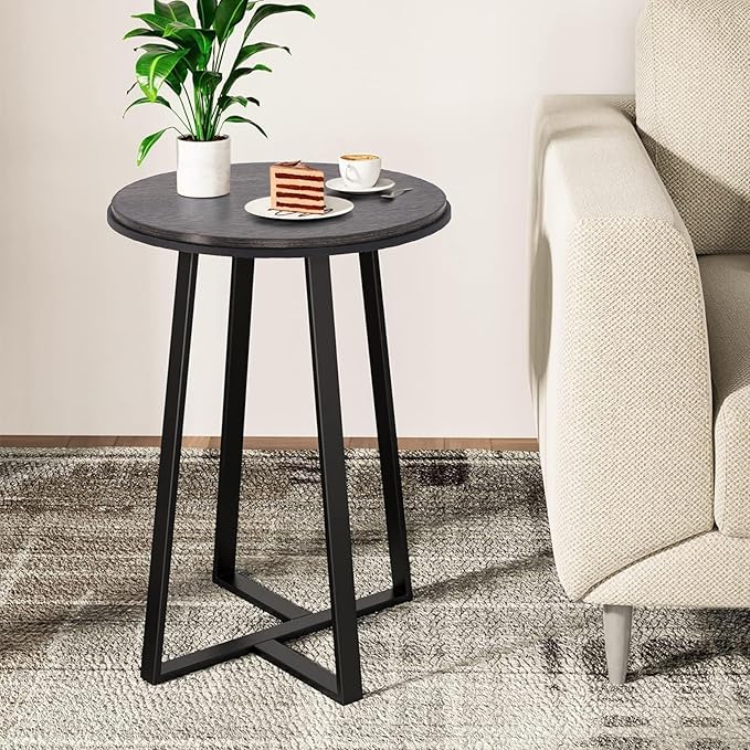 Round End Table, Small Side Table Black Color MDF Top, Metal Frame Black