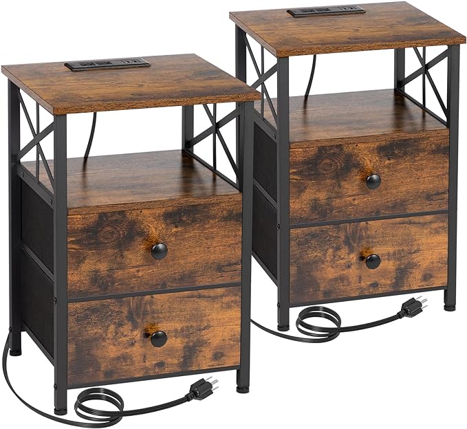 Night Stand Set 2, Nightstand with Charging Station, End Tables Living Room