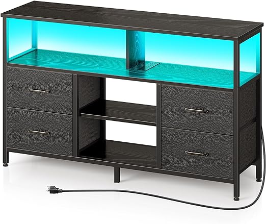 TV Stand with Power Outlets and LED Light, 4 Fabric Drawers Entertainment Center