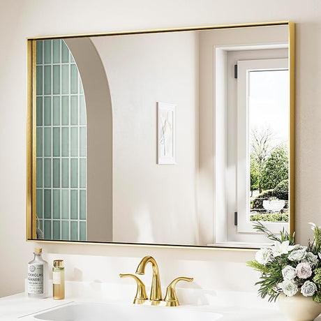 Silver Bathroom Vanity Mirror 60 x 30 Inch Rectangular Wall Mirror Large Metal Framed Mirror Square Corner Farmhouse Mirror,