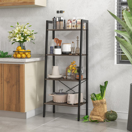 Ladder Bookshelf, 4-Tier Industrial Wood Bookcase w/Metal Frame, Anti-Toppling Device