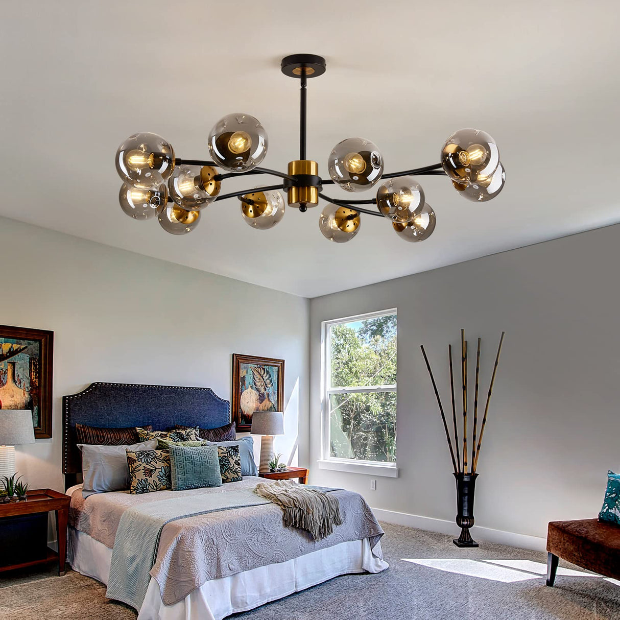 12-Light Sputnik Chandelier with Glass Globe - Mid Century Modern Black & Gold