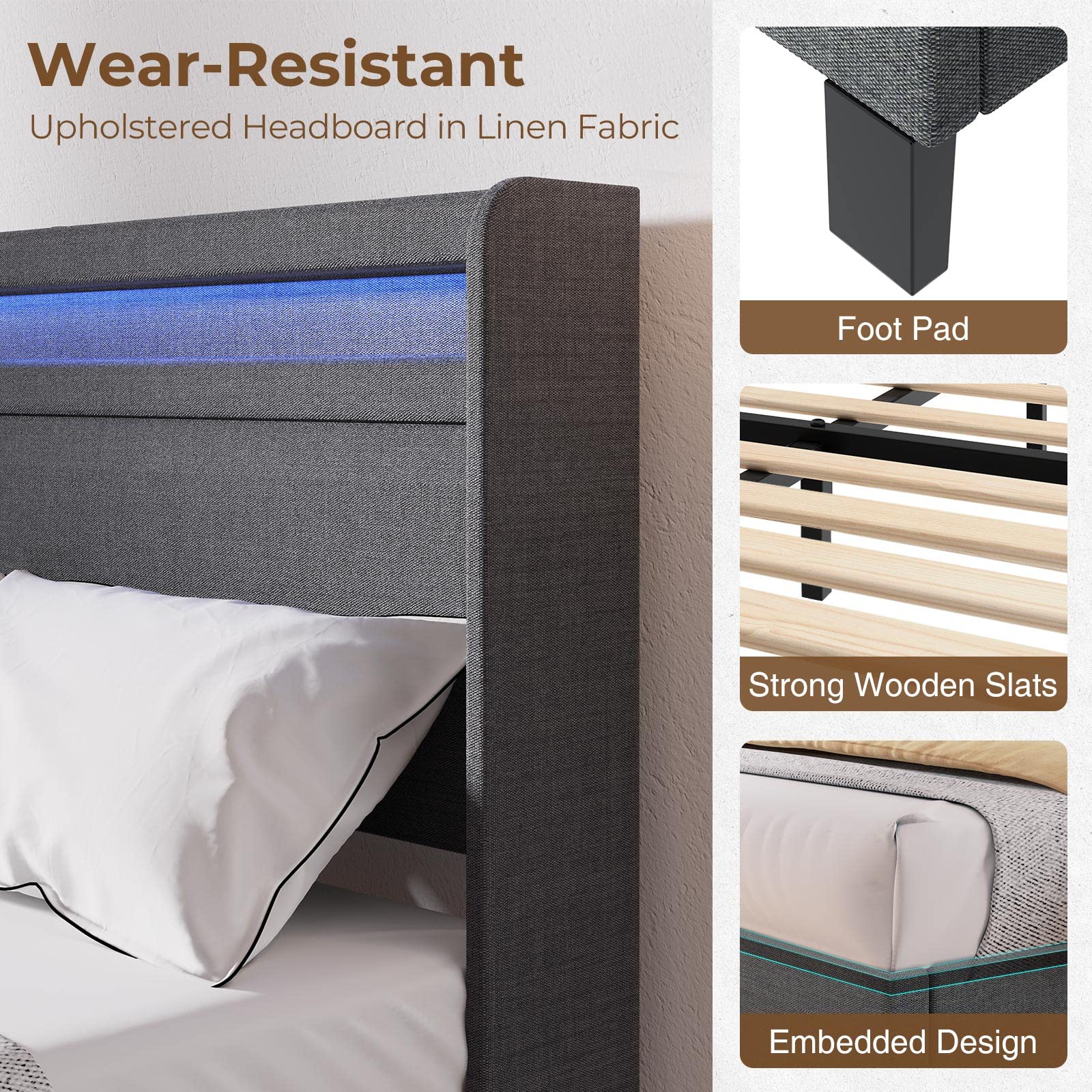 Bed Frame Twin Size with LED Lights and Charging Station, Upholstered Bed with Motion