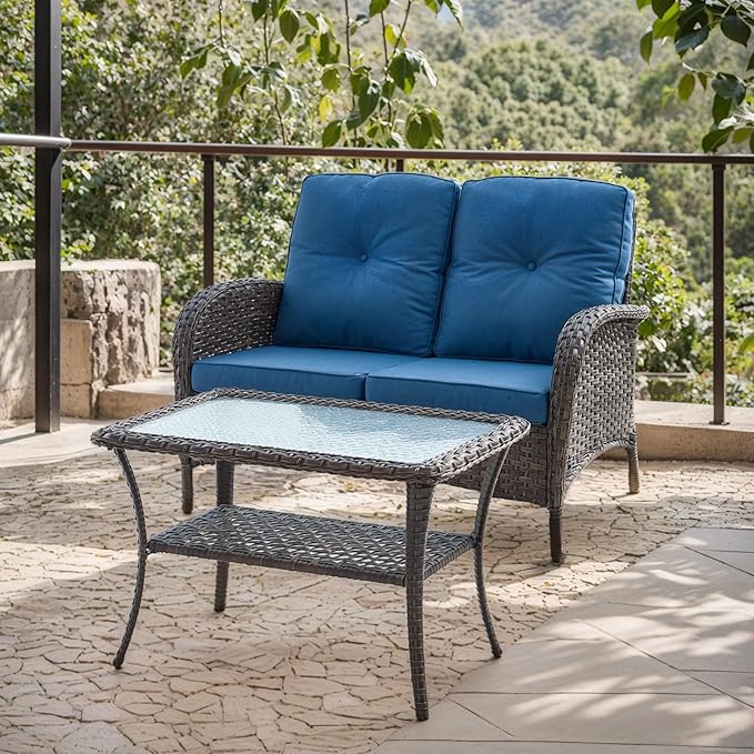 Outdoor Loveseat Sofa 2-Seat PE Wicker Outdoor Couch with Coffee Table
