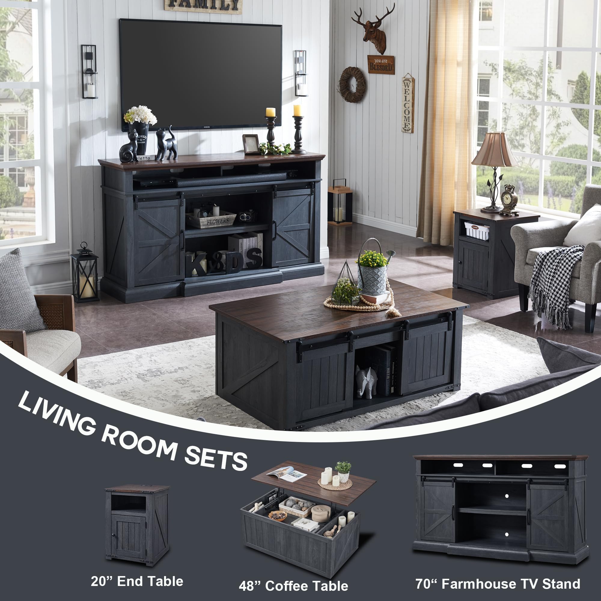 Farmhouse End Table with Charging Station, 20" Nightstand w/Groove Barn Door