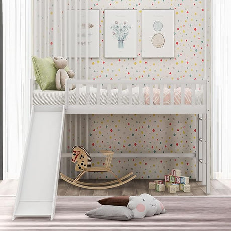 Twin Size Low Loft Bed for Kids,Loft Bed with Slide and Ladder