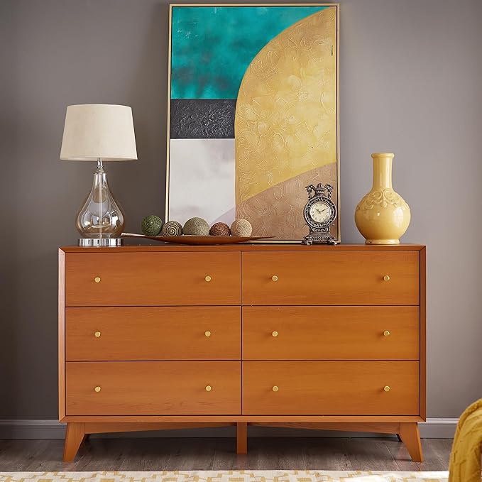 6 Drawer Dresser, 54" Wide Mid Century Modern Chest of Drawers