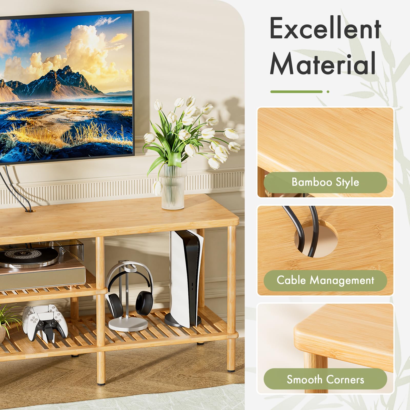Bamboo TV Stand for 60-65 Inch TVs with 3-Tier Storage