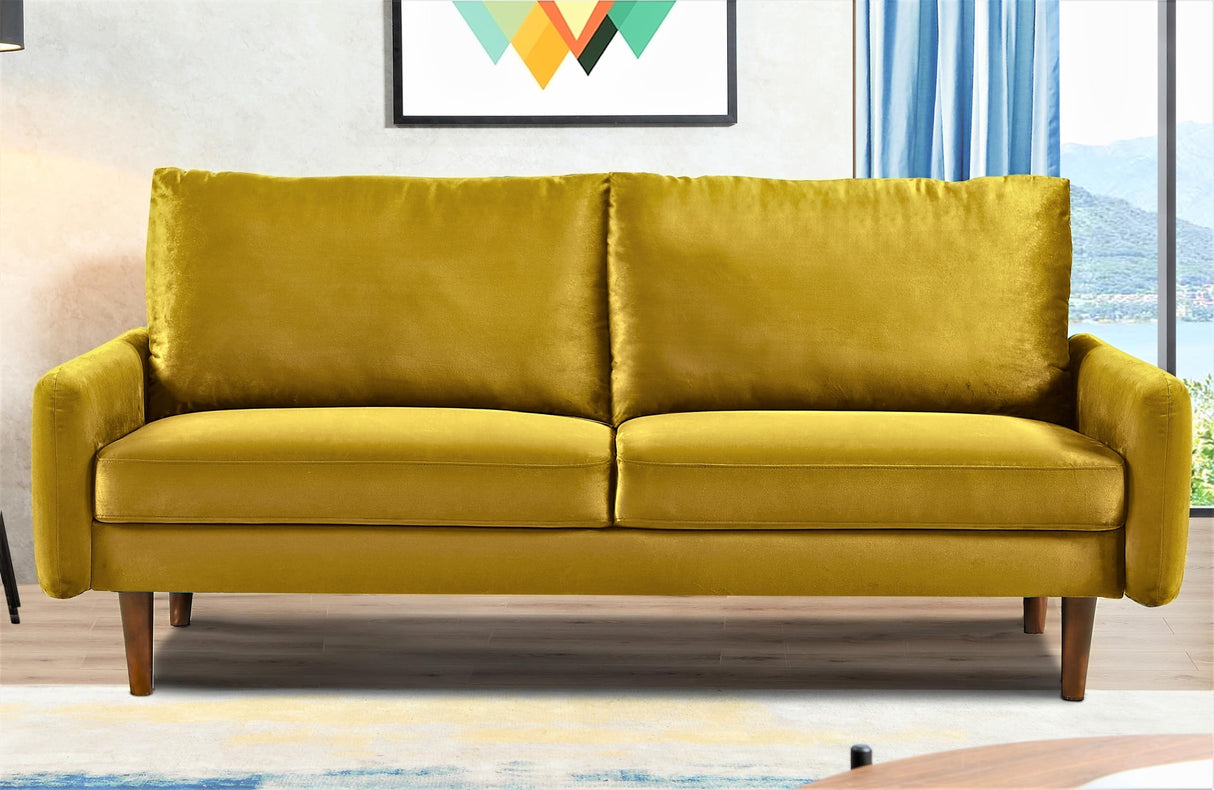 Furniture Kent Modern Velvet Sofa, Comfortable 3 Seater Couch for Living Rooms and Small Spaces, Ideal Studio Apartment Furniture with Sleek Design, Golden Yellow