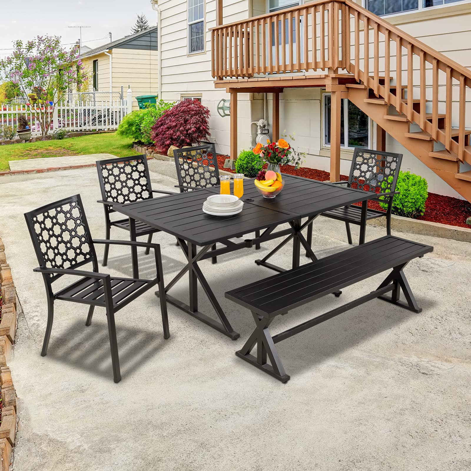 Outdoor Patio Bench Black, Garden Bench Outdoor Industrial Bench
