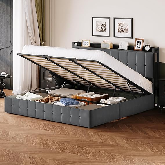 King Bed Frame with Lift-Up Storage - Upholstered Velvet Platform Bed