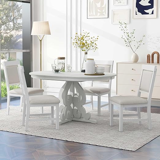 Round Solid Wood Dining Table Set for 4 - 5-Piece Farmhouse Kitchen Set