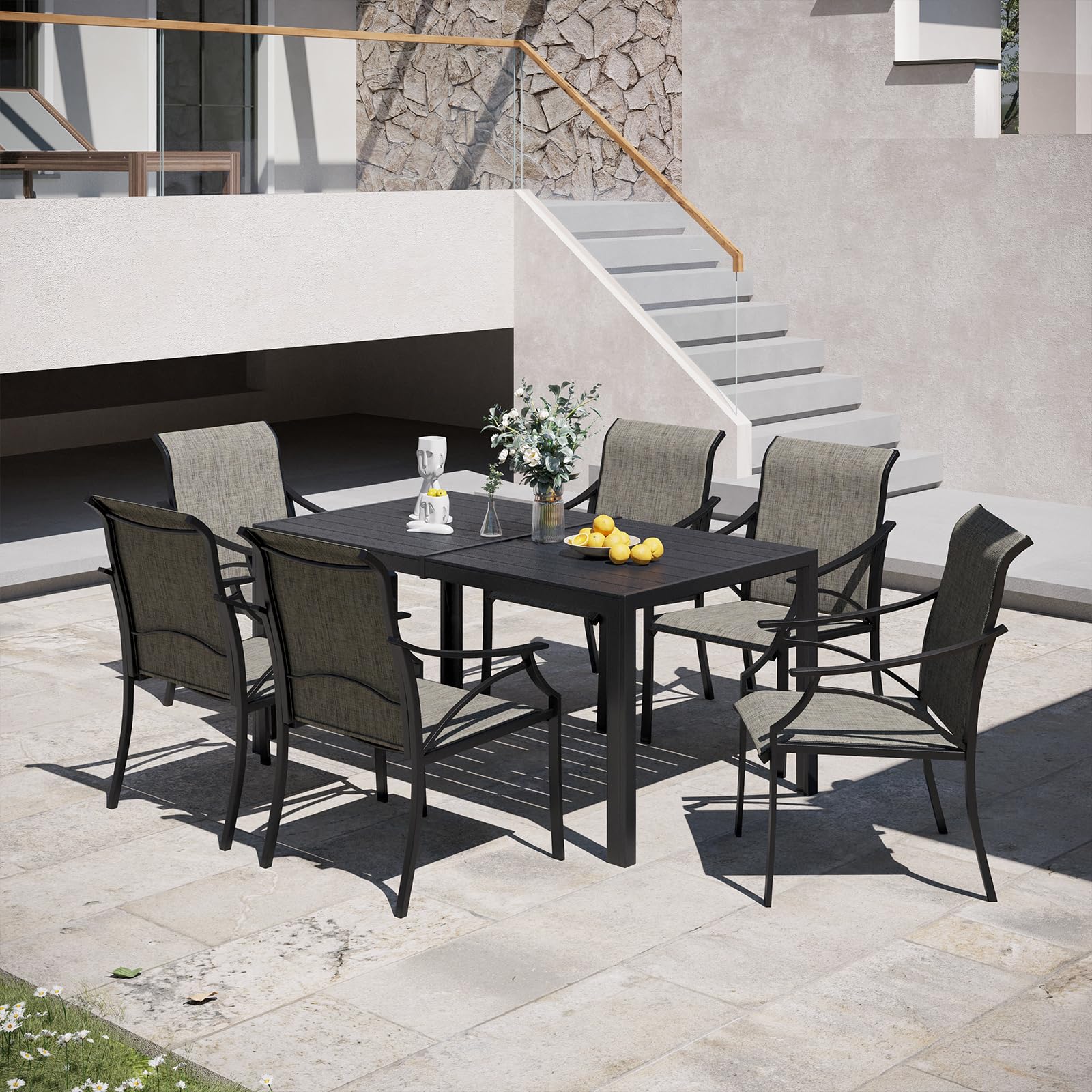 Rectangle Patio Dining Table for 6, All Weather Wood slatted Outdoor Table