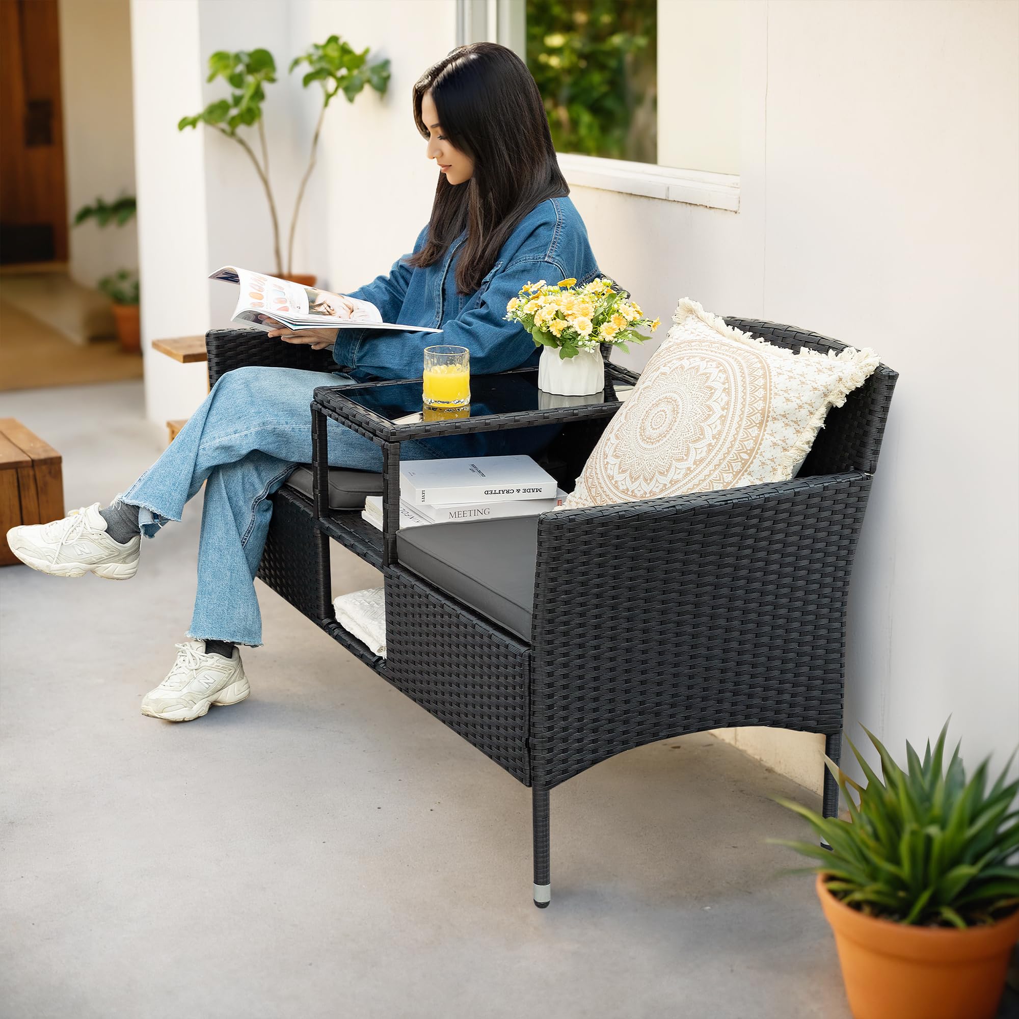 Outdoor Furniture Patio Loveseat Wicker 2-Seat with Built-in Table and Cushions