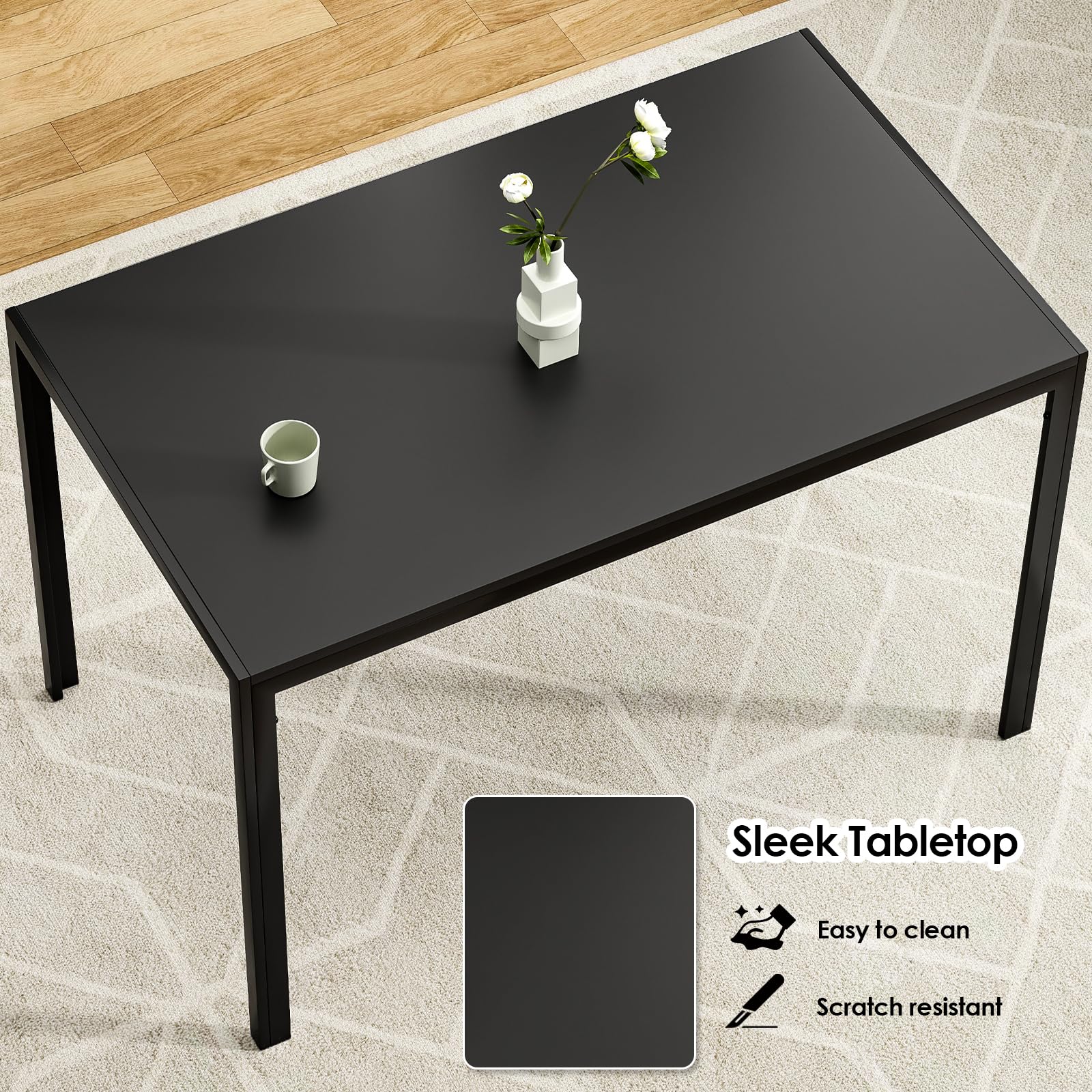 Farini Black Dining Table for 4-6 Person,47" Rectangular Wooden Dining Table Top and Metal Frame for Home Kitchen Dining Desk (47 inch,Black)